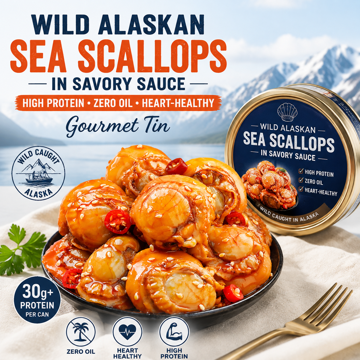 🌊 Wild Alaskan Sea Scallops in Savory Sauce – High Protein, Zero Oil & Heart-Healthy Gourmet Tin ❤️ LGZ